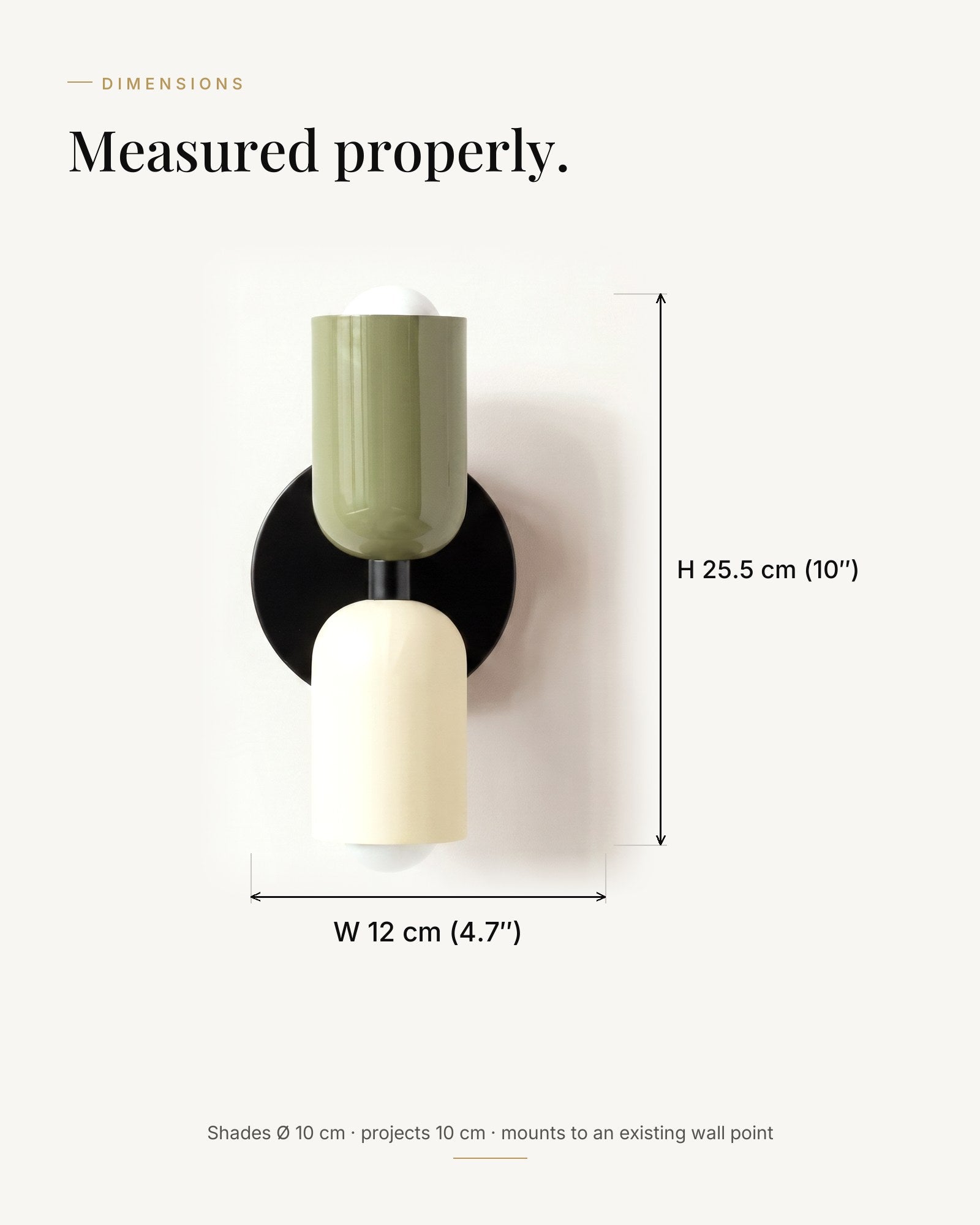 Dimensions — H 25.5 cm, backplate Ø 12 cm, shades Ø 10 cm