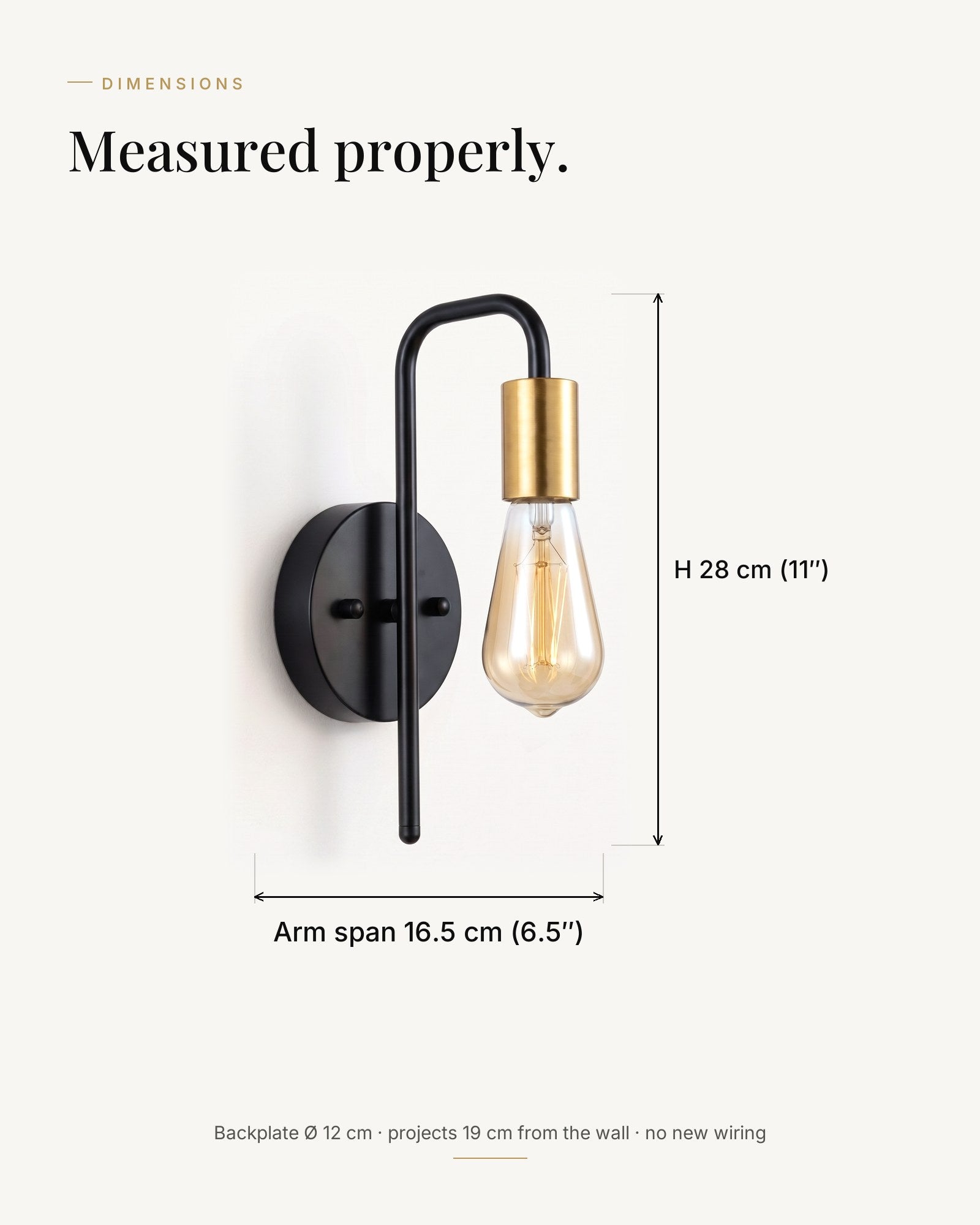 Dimensions — H 28 cm, backplate Ø 12 cm, reaches 19 cm from the wall