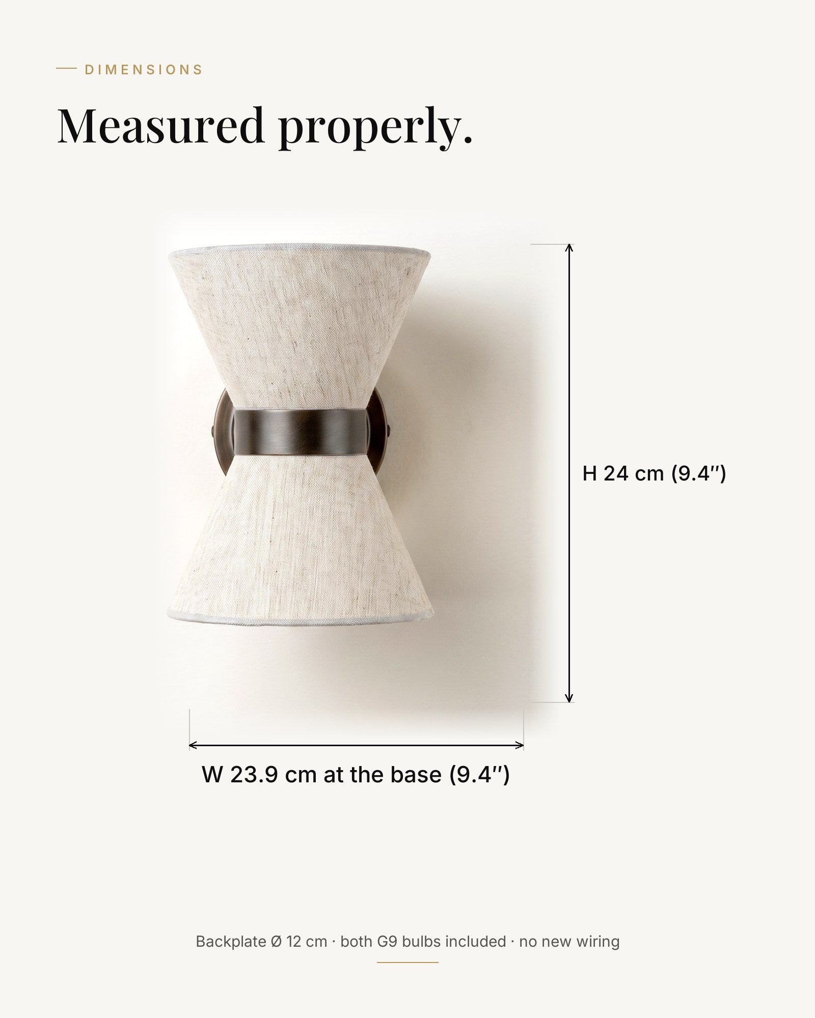 Dimensions — H 24 cm, base W 23.9 cm, backplate Ø 12 cm
