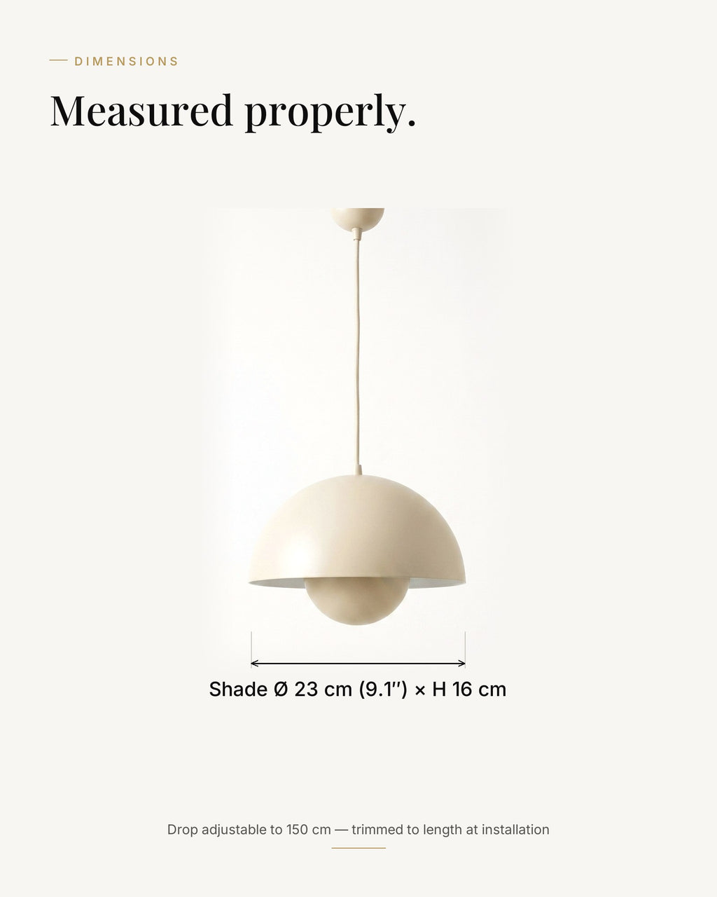 Dimensions — shade Ø 23 × H 16 cm, drop adjustable to 150 cm
