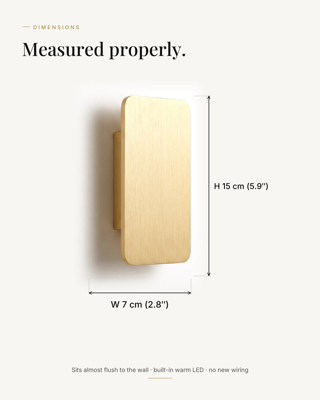 Dimensions — H 15 × W 7 cm, slim wall profile