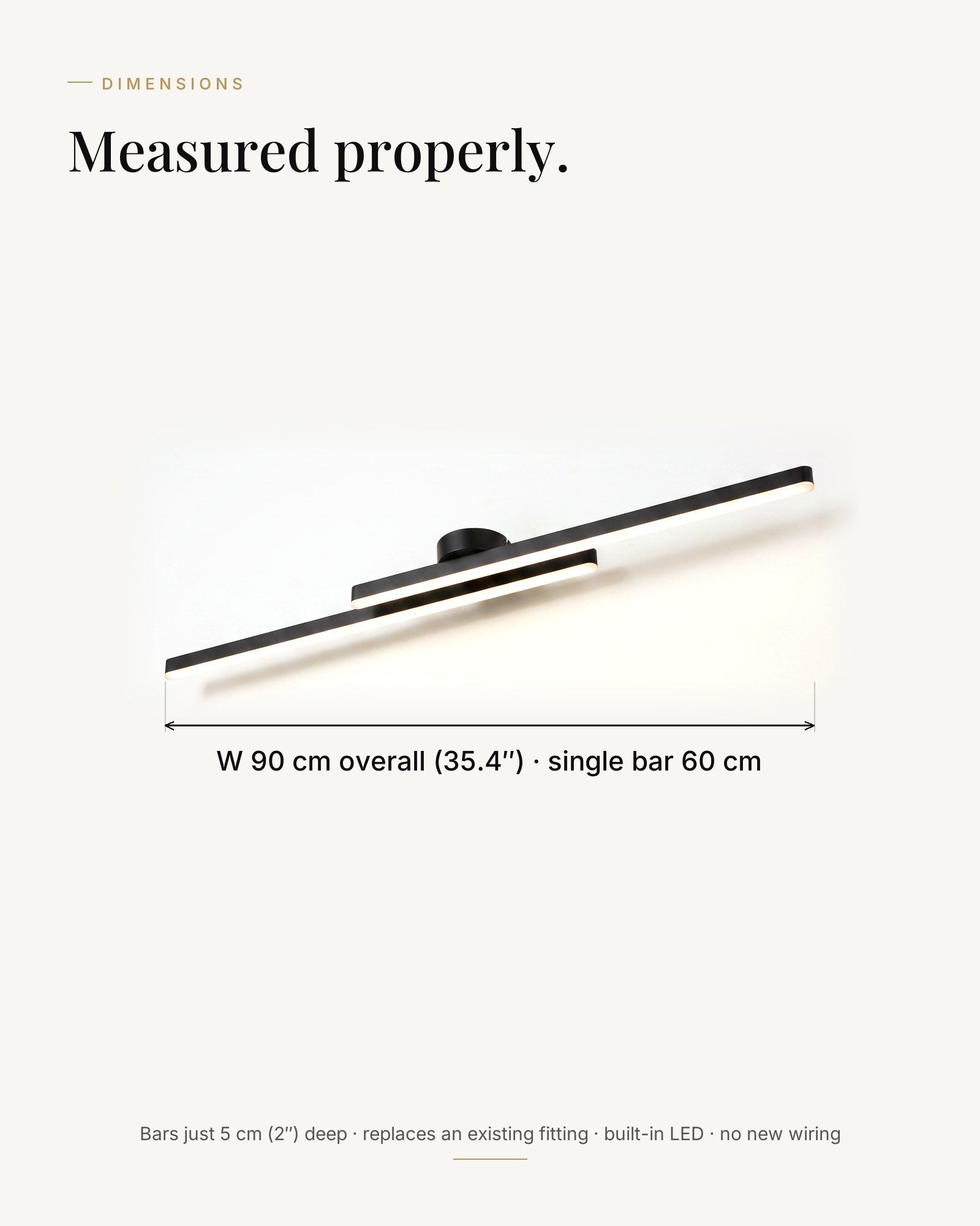 Dimensions — W 90 cm overall, single bar 60 cm, depth 5 cm