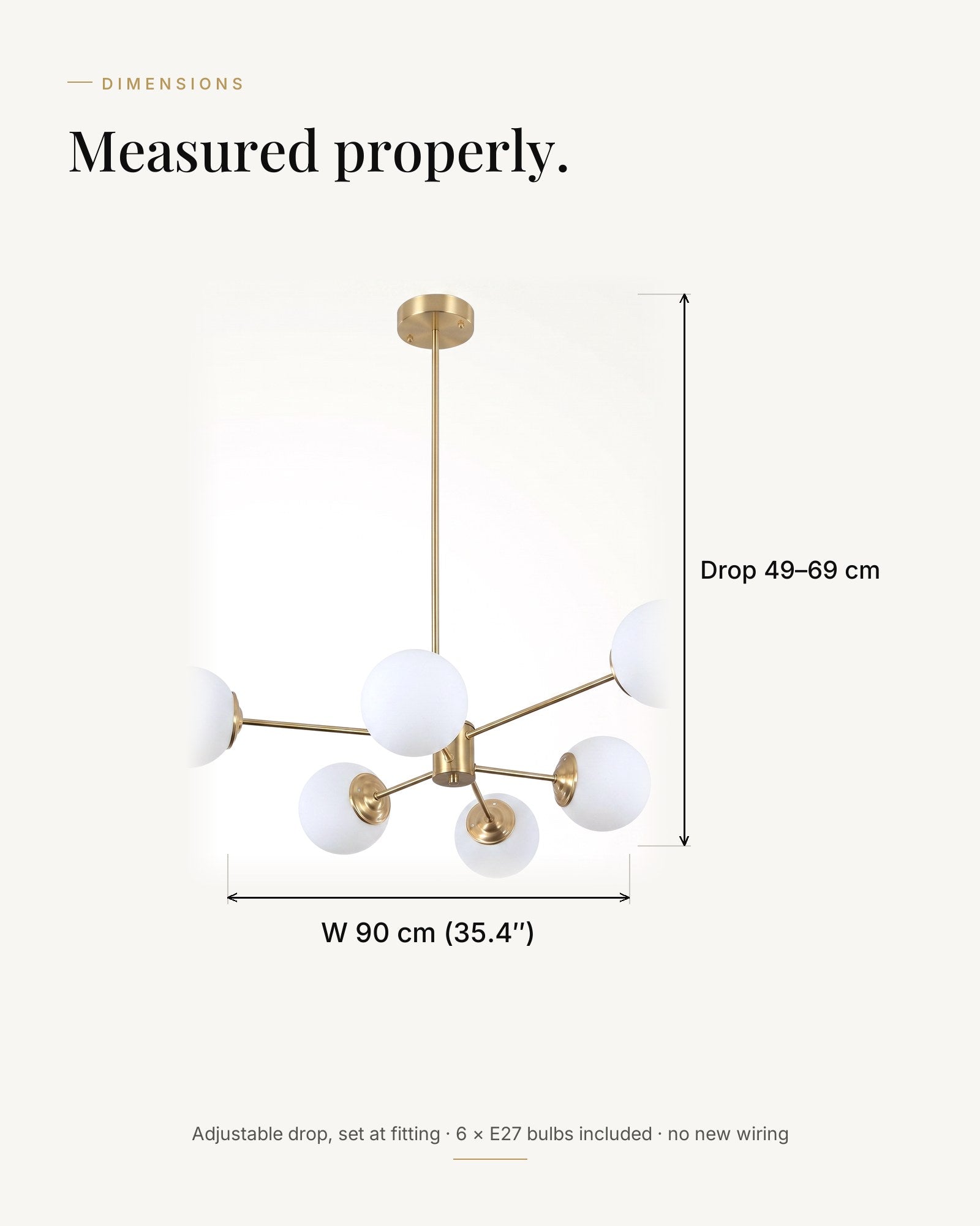 Dimensions — W 90 cm, drop adjustable 49–69 cm, globes Ø 13 cm