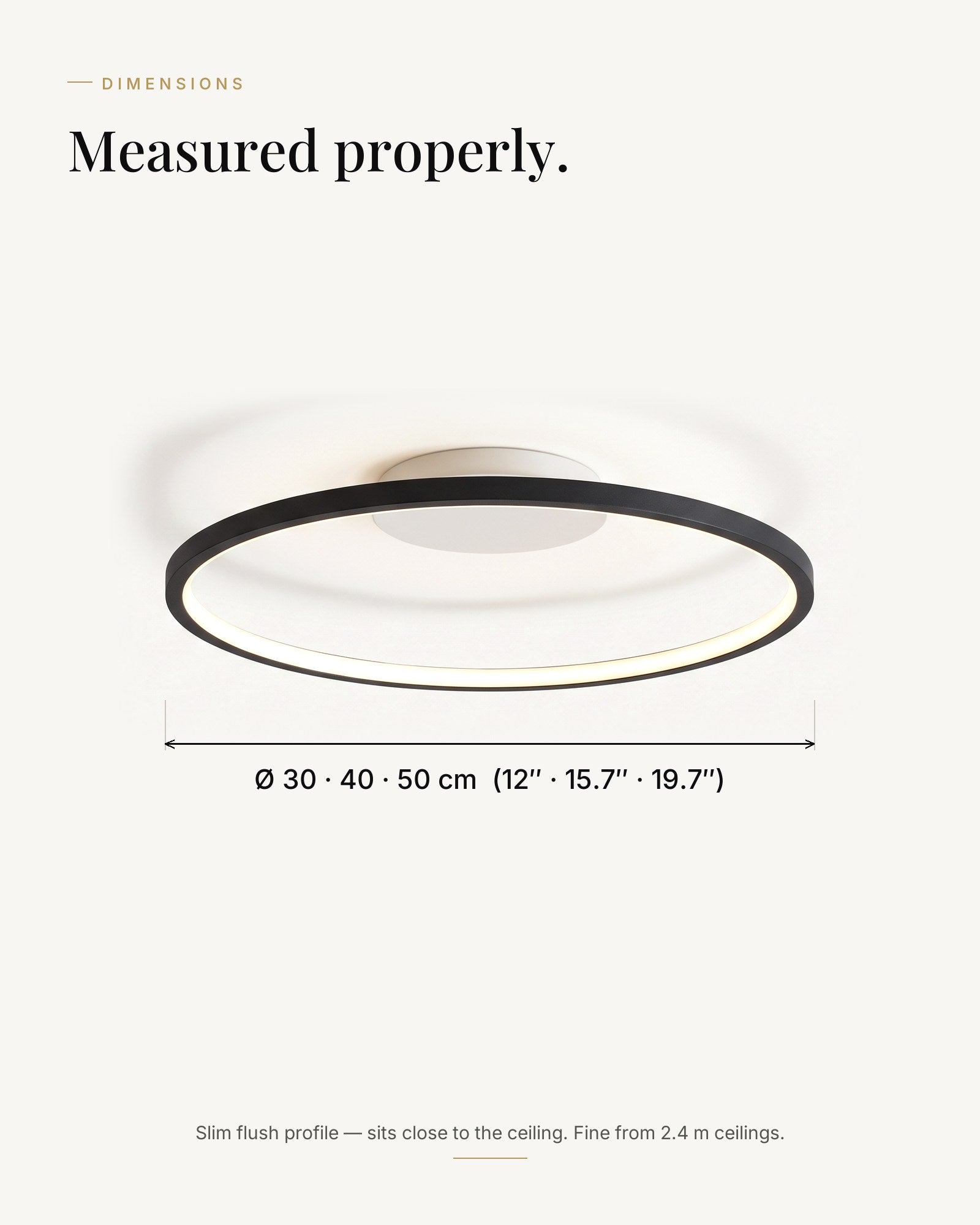 Quasso dimensions — Ø 30, 40 and 50 cm, slim flush profile