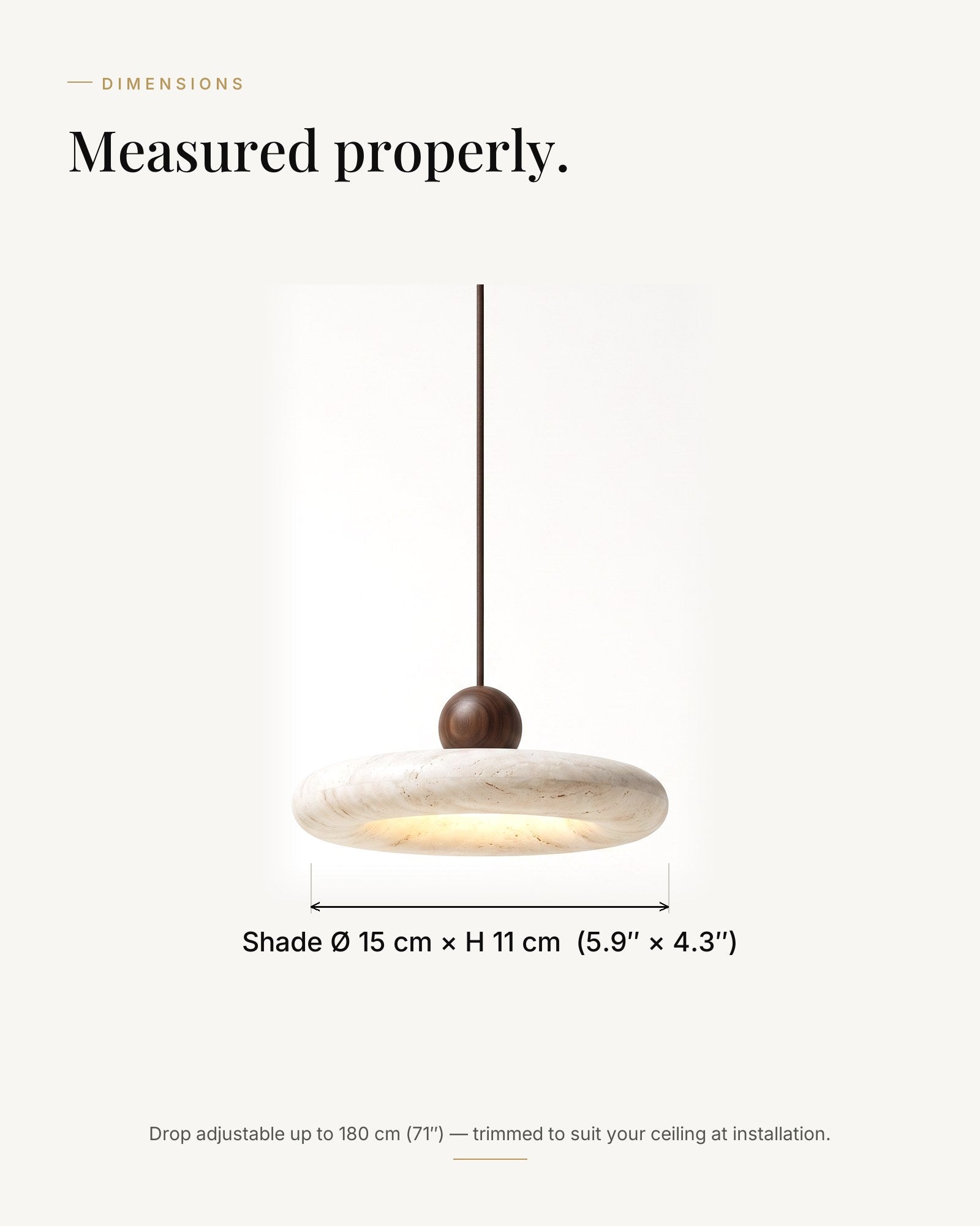 Dimensions — shade Ø 15 × H 11 cm, drop adjustable to 180 cm