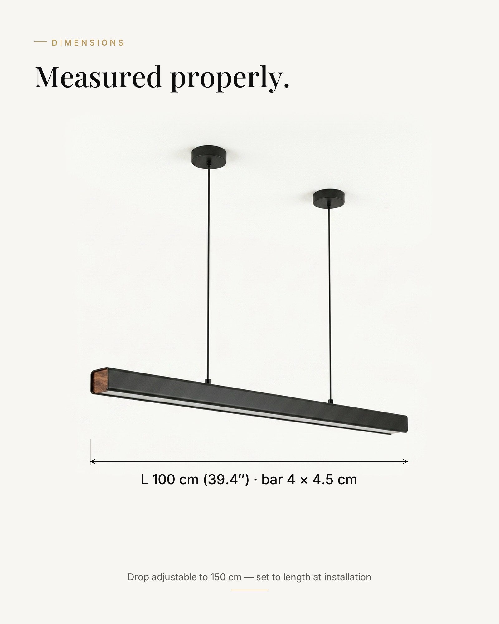 Thala dimensions — L 100 cm, bar 4 × 4.5 cm, drop adjustable to 150 cm