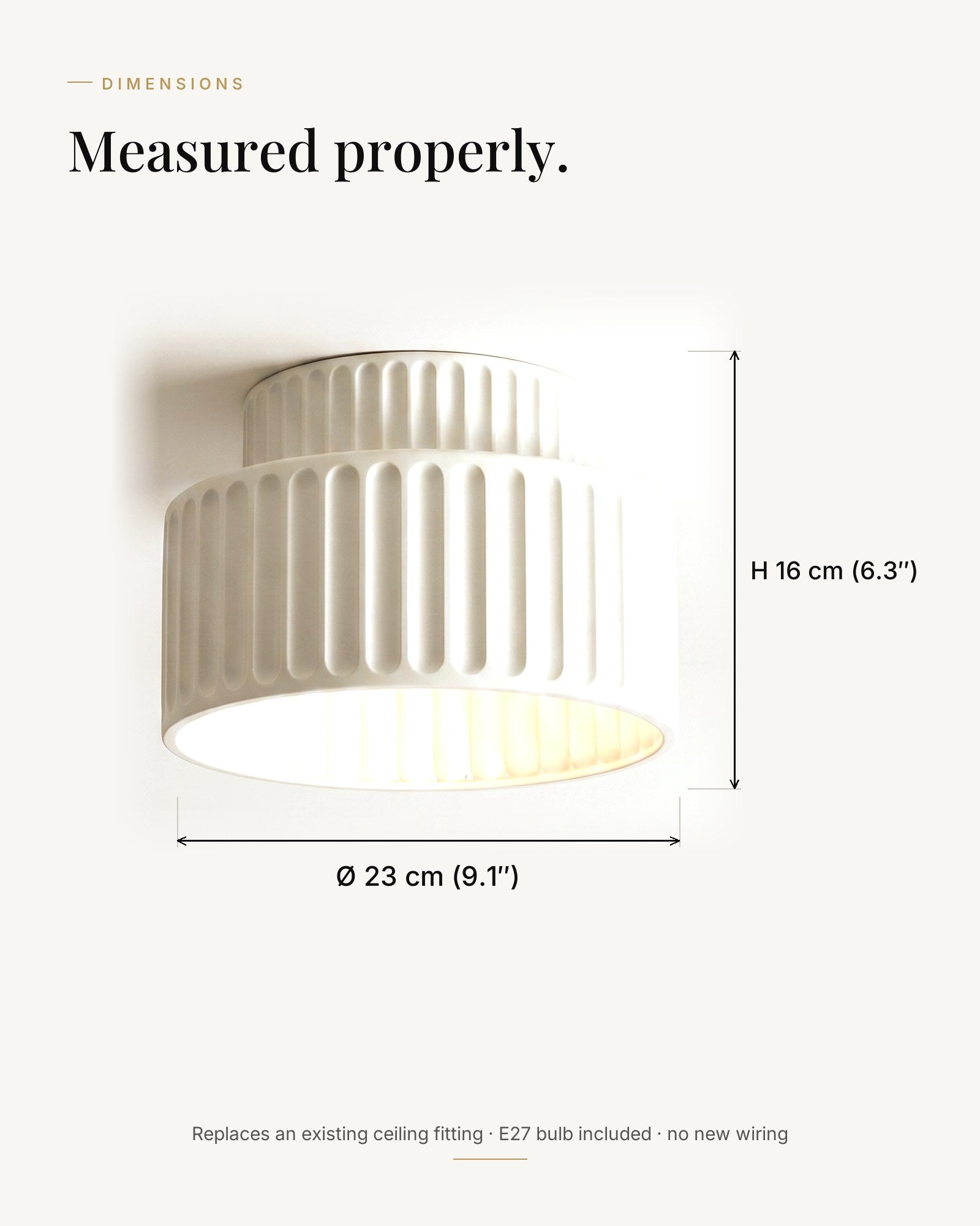 Dimensions — Ø 23 cm, height 16 cm