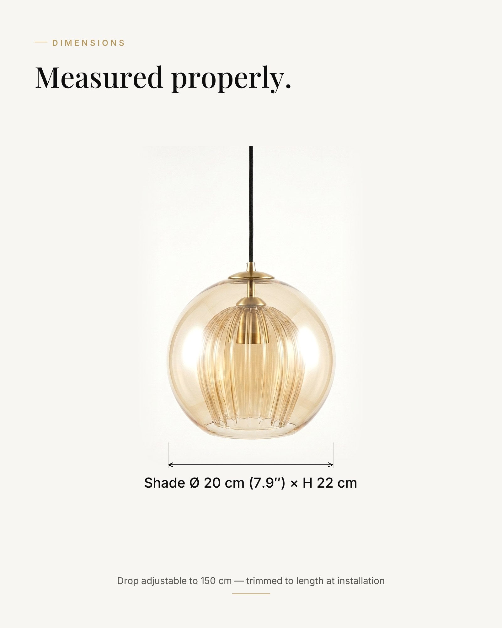 Zoey dimensions — shade Ø 20 × H 22 cm, drop adjustable to 150 cm