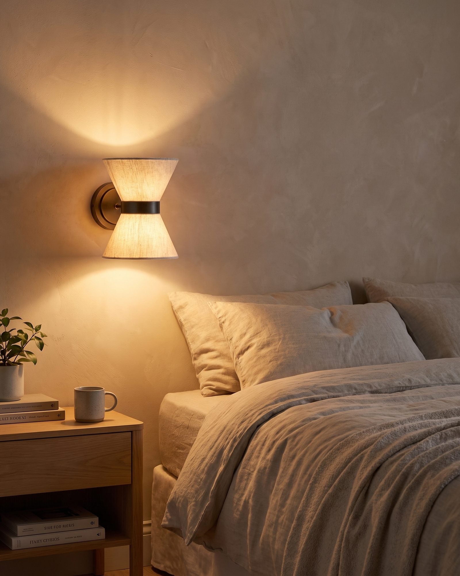 Halston linen and bronze wall light glowing warm beside a bed in a bright bedroom