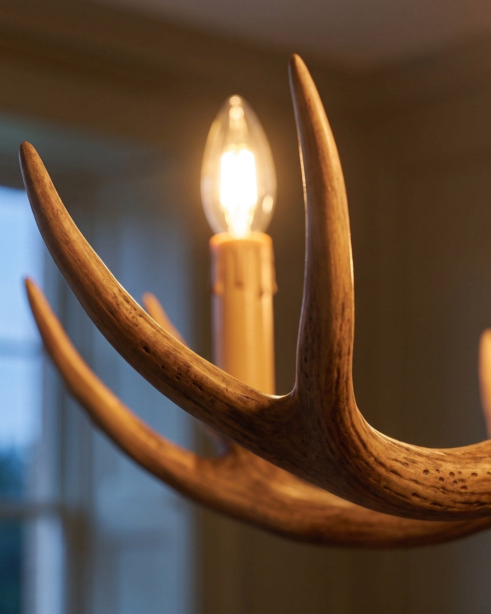 Macro of a cast antler — wood-effect grain lit by a warm candle bulb