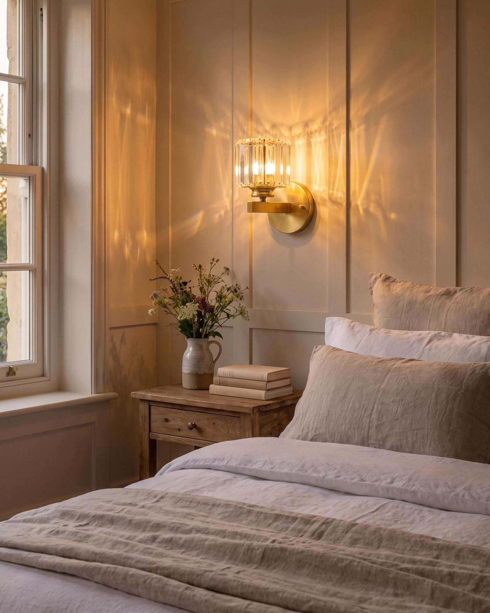 Crystal art deco wall light in satin gold glowing above a bedside table at dusk