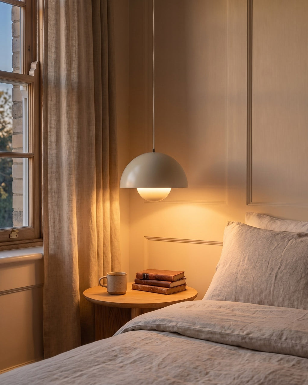 Cream iron dome pendant with floating diffuser glowing over a bedside table at dusk