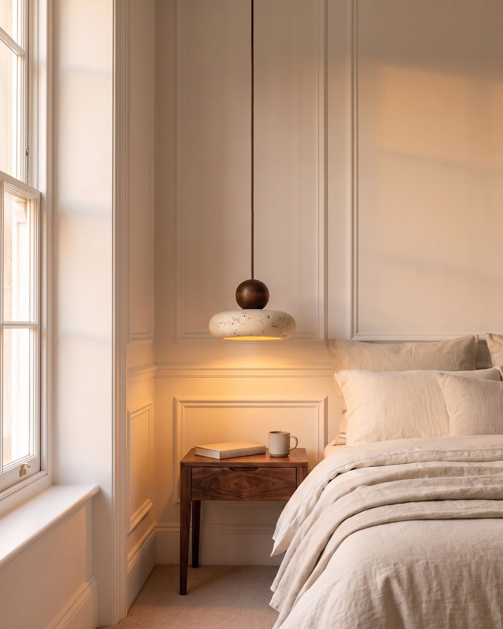 Travertine and walnut pendant glowing warm at dusk beside a bed in a cosy British bedroom