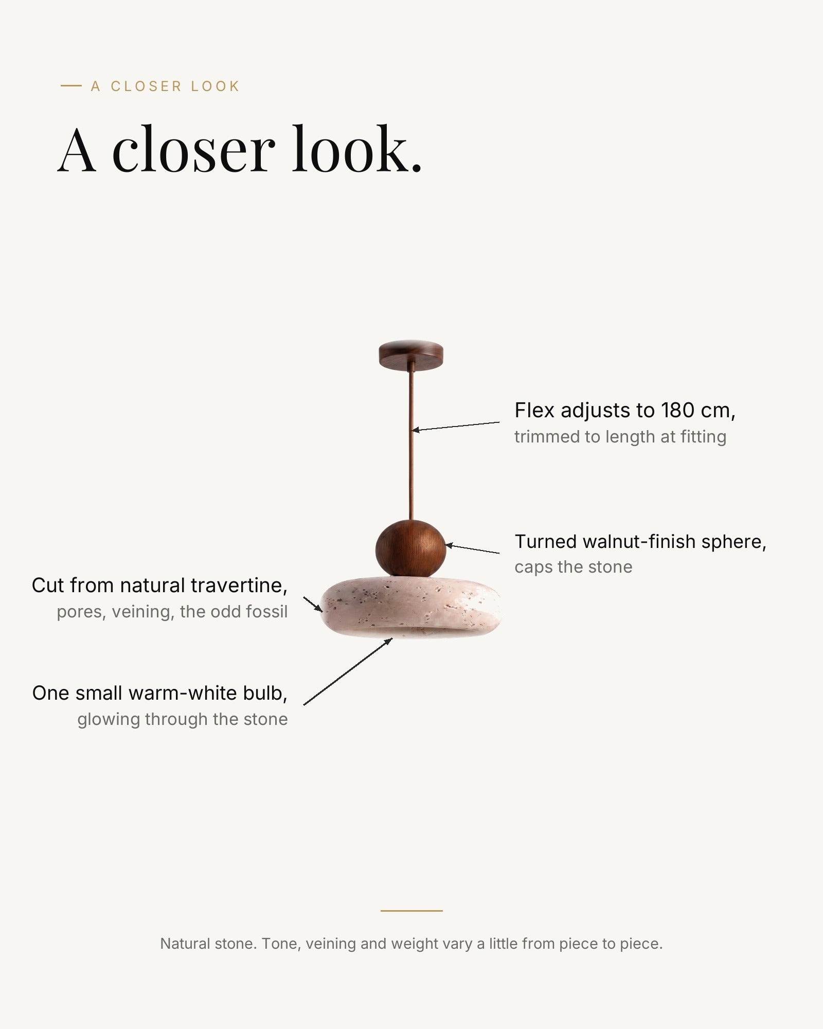 A closer look at the natural stone pendant: cut from travertine, turned walnut-finish sphere, one warm-white bulb, flex adjusts to 180 cm