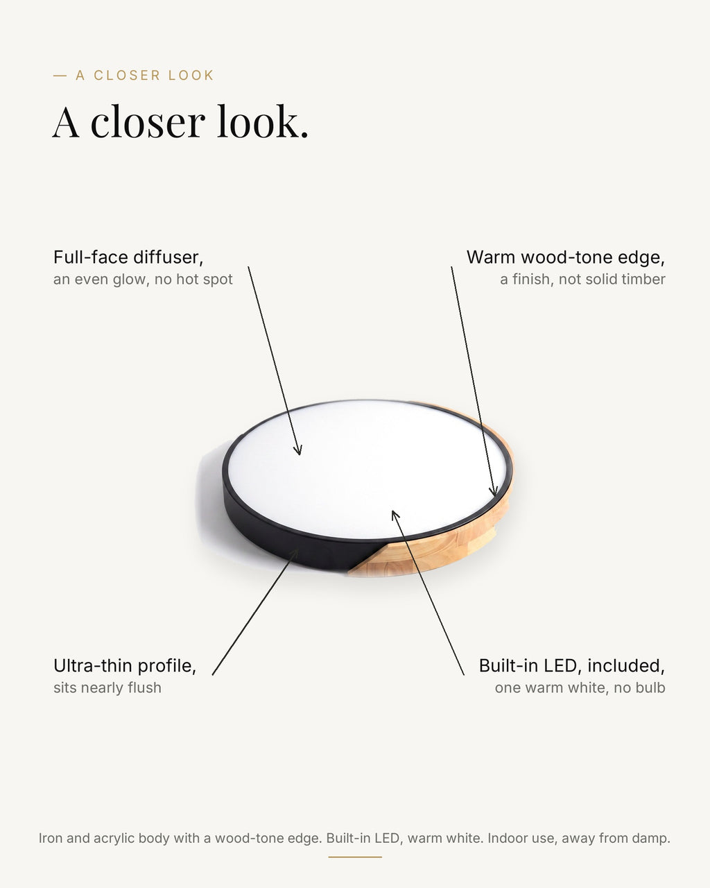 A closer look at the ultra-thin wood-edge flush ceiling light: full-face diffuser, warm wood-tone edge, built-in warm-white LED, sits nearly flush