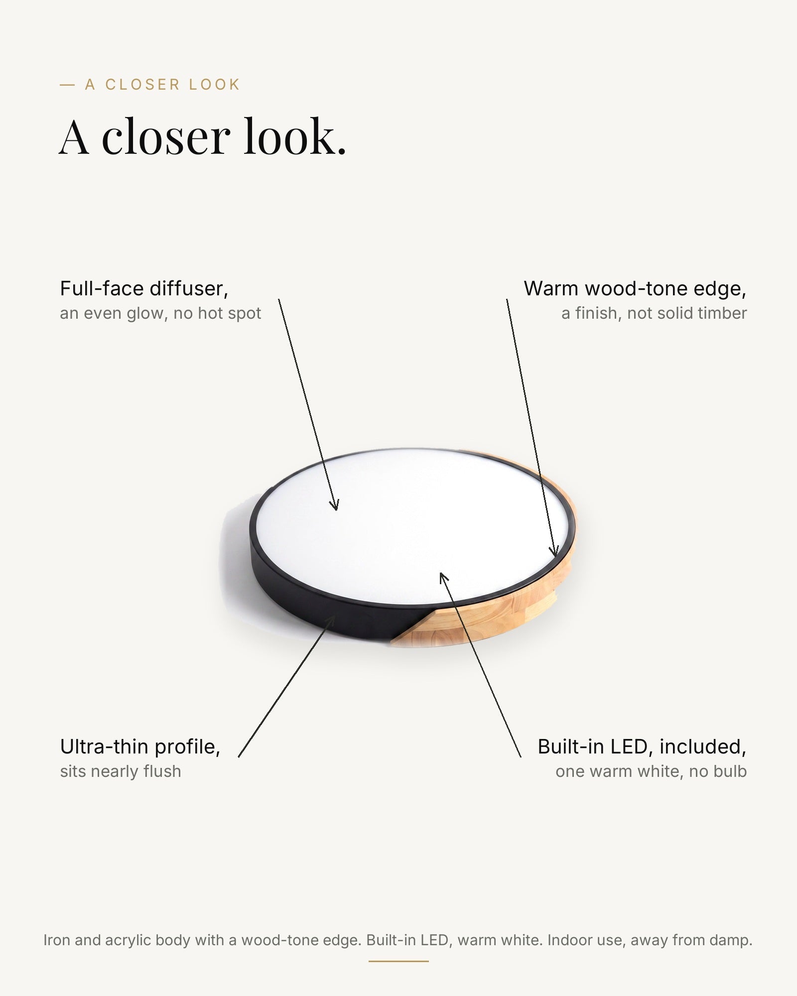 A closer look at the ultra-thin wood-edge flush ceiling light: full-face diffuser, warm wood-tone edge, built-in warm-white LED, sits nearly flush