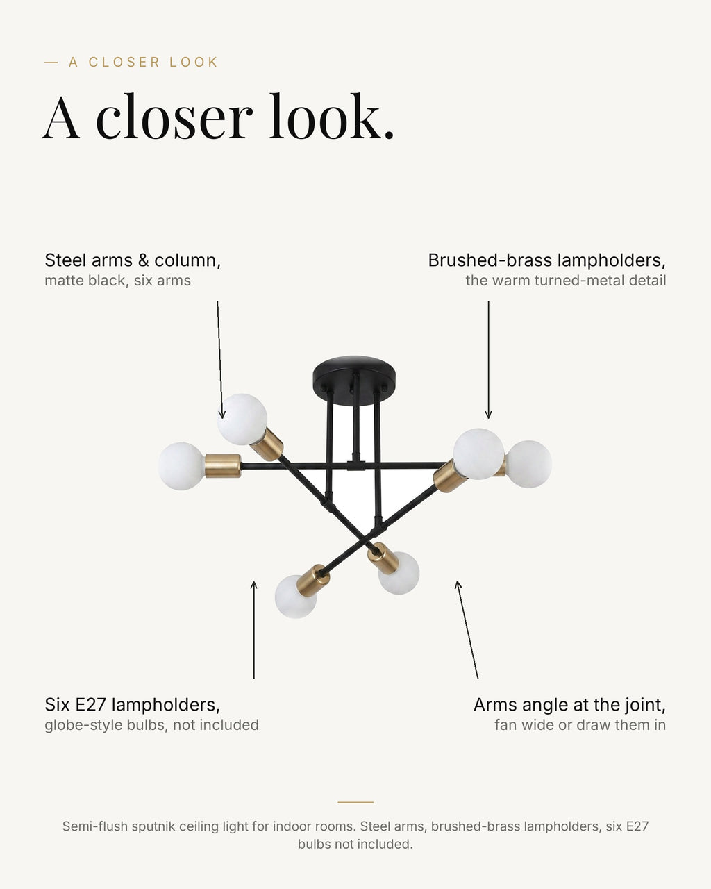 A closer look at the Nordic sputnik 6-light ceiling light: matte-black steel arms, brushed-brass lampholders, six E27 lampholders with globe-style bulbs not included, arms angle at the joint