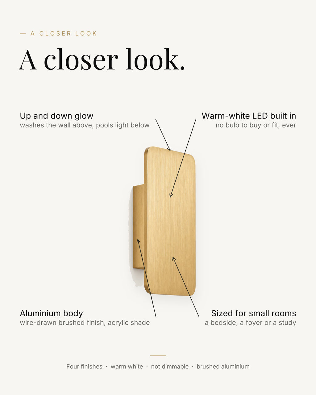 Nova wall light closer look - up and down glow, warm-white LED, brushed aluminium body