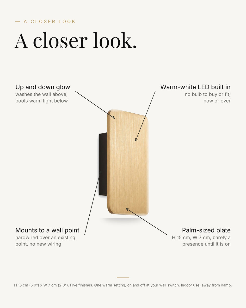 A closer look at the Nova LED wall light: up and down glow, warm-white LED built in, palm-sized plate H 15 x W 7 cm, mounts to an existing wall point
