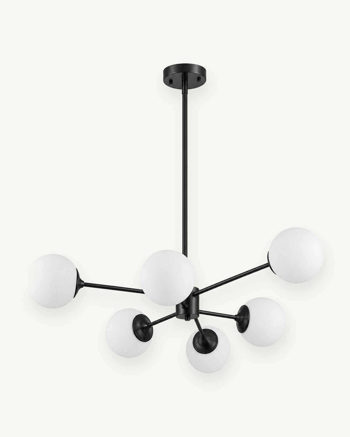 Opal globe 6-light chandelier in black on cream, six unlit opal globes