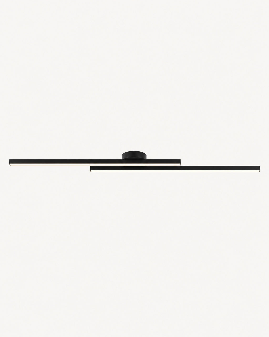 Twin-bar LED flush ceiling light in black: two slim offset black bars with warm white LED strips and a round ceiling mount
