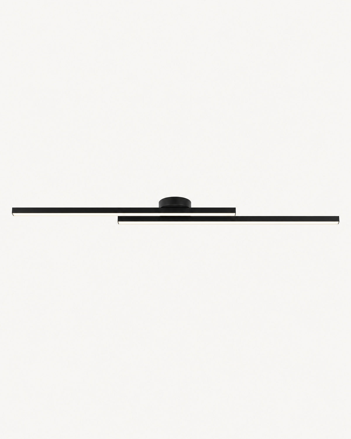 Twin-bar LED flush ceiling light in black: two slim offset black bars with warm white LED strips and a round ceiling mount