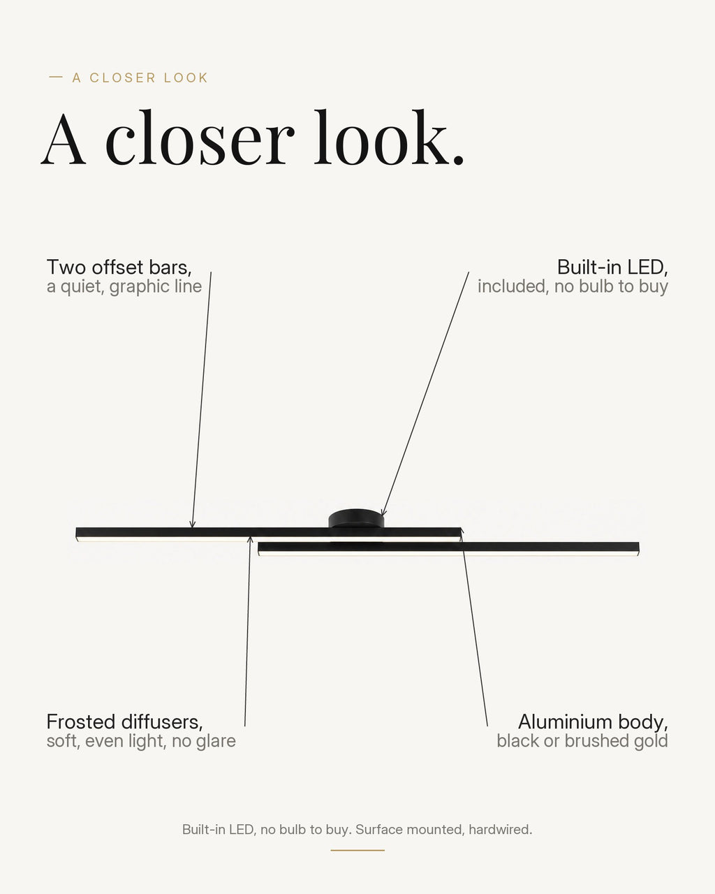 A closer look at the Modern LED Long Oval flush ceiling light, with its two offset LED bars, slim profile, length and built-in LED labelled.