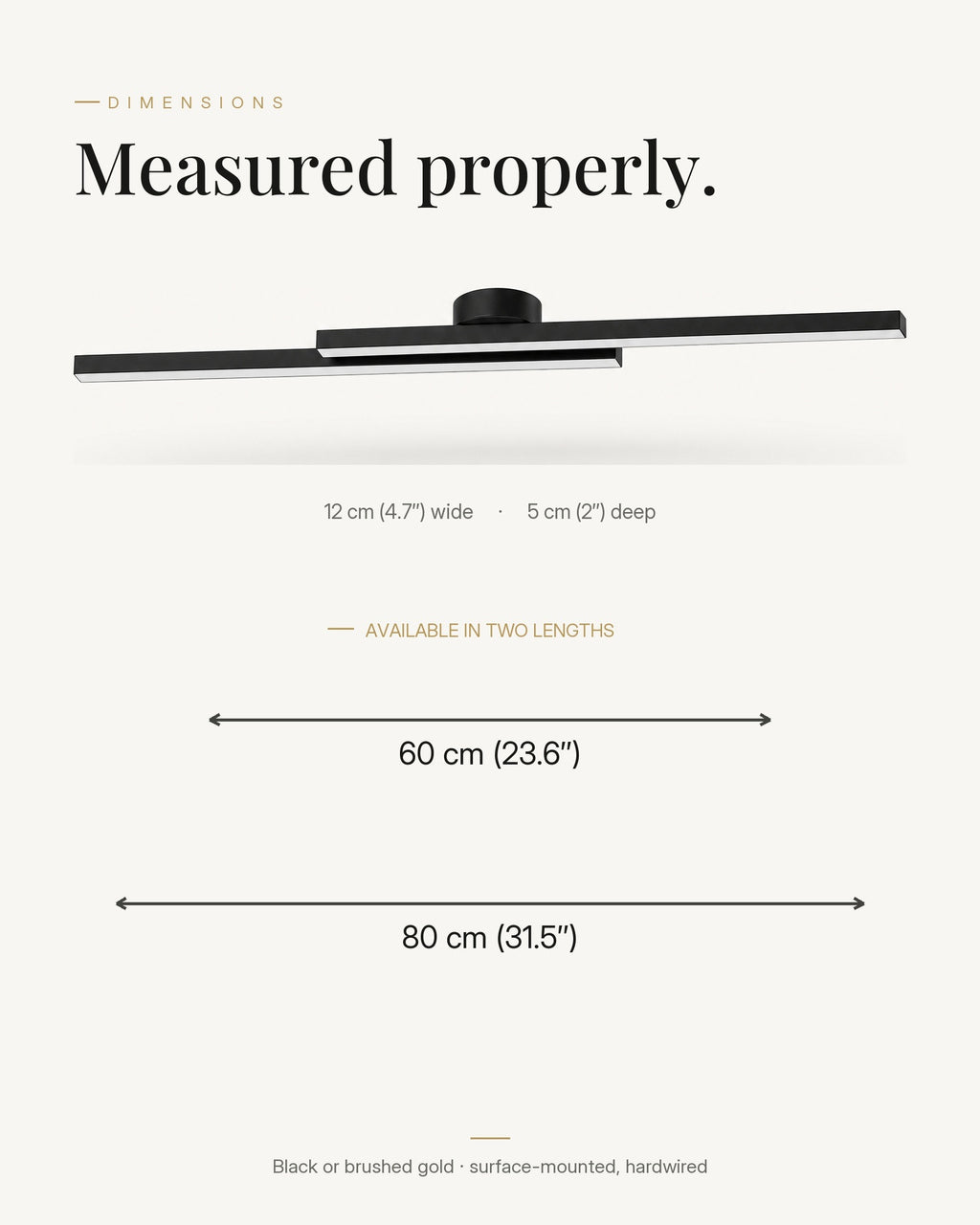Modern LED long oval flush ceiling light dimensions, measured properly: available in 60 cm and 80 cm lengths, 12 cm wide, 5 cm deep, black or brushed gold
