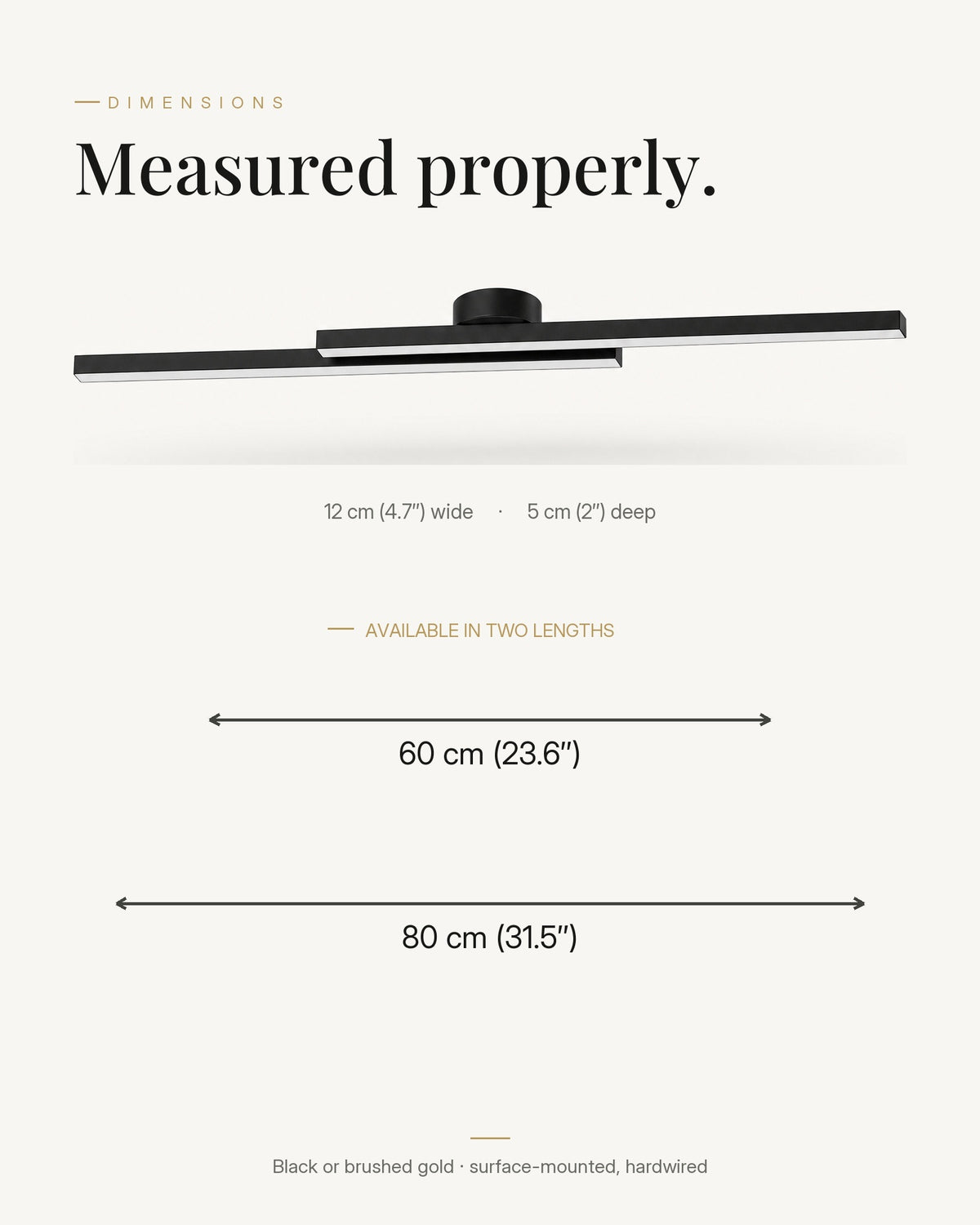 Modern LED long oval flush ceiling light dimensions, measured properly: available in 60 cm and 80 cm lengths, 12 cm wide, 5 cm deep, black or brushed gold