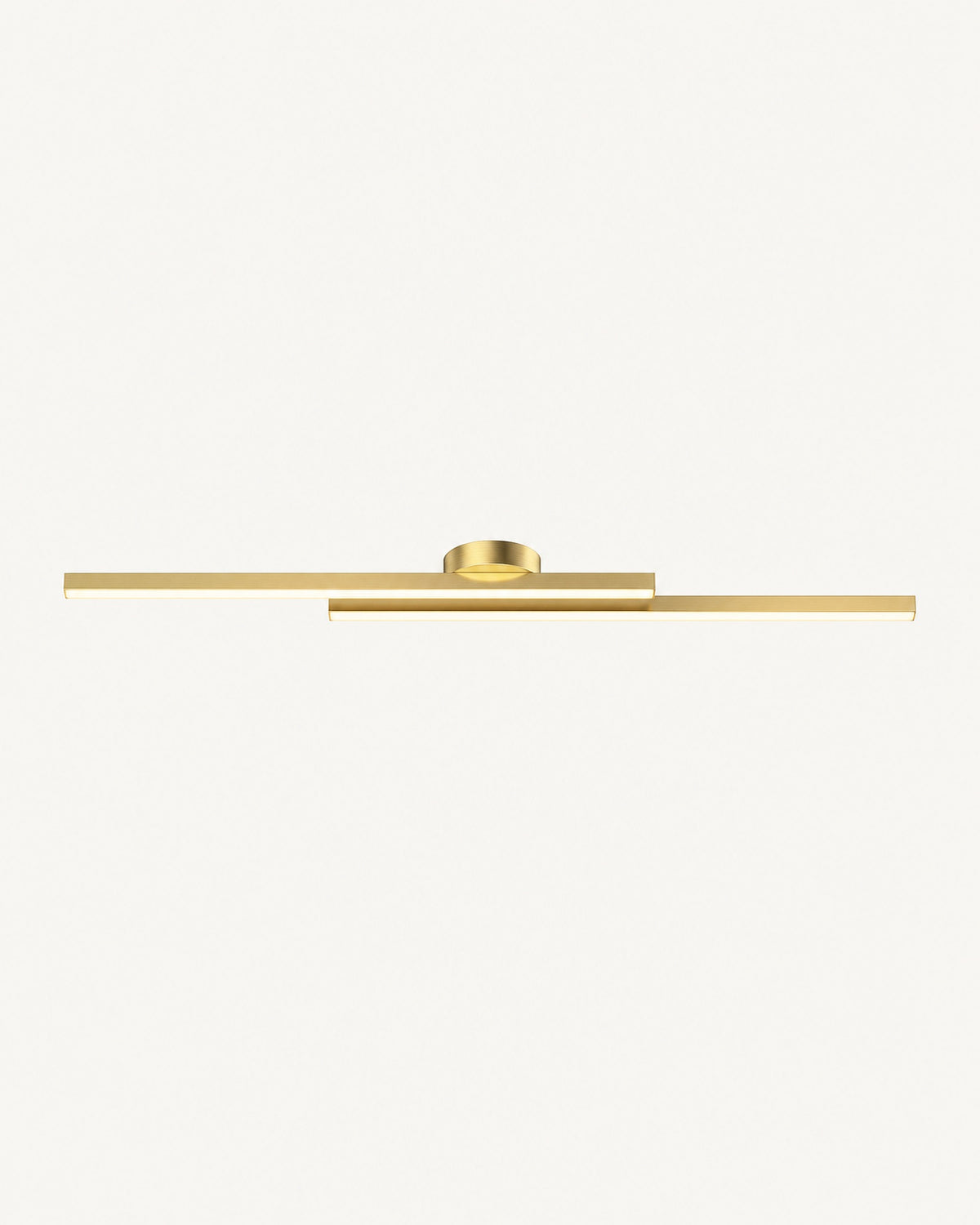 Twin-bar LED flush ceiling light in gold: two slim offset brushed gold bars with warm white LED strips and a round ceiling mount