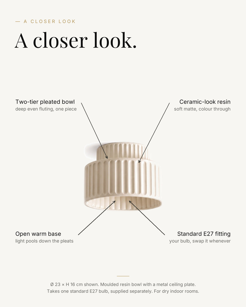 A closer look at the pleated bowl flush ceiling light: two-tier pleated ceramic-look resin bowl, open warm base, takes a standard E27 bulb supplied separately