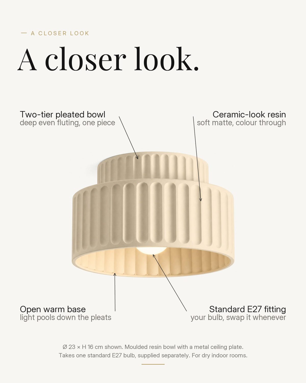 A closer look at the Pleated Bowl flush ceiling light, with its pleated resin bowl, ceiling plate, diameter and E27 lampholder labelled.