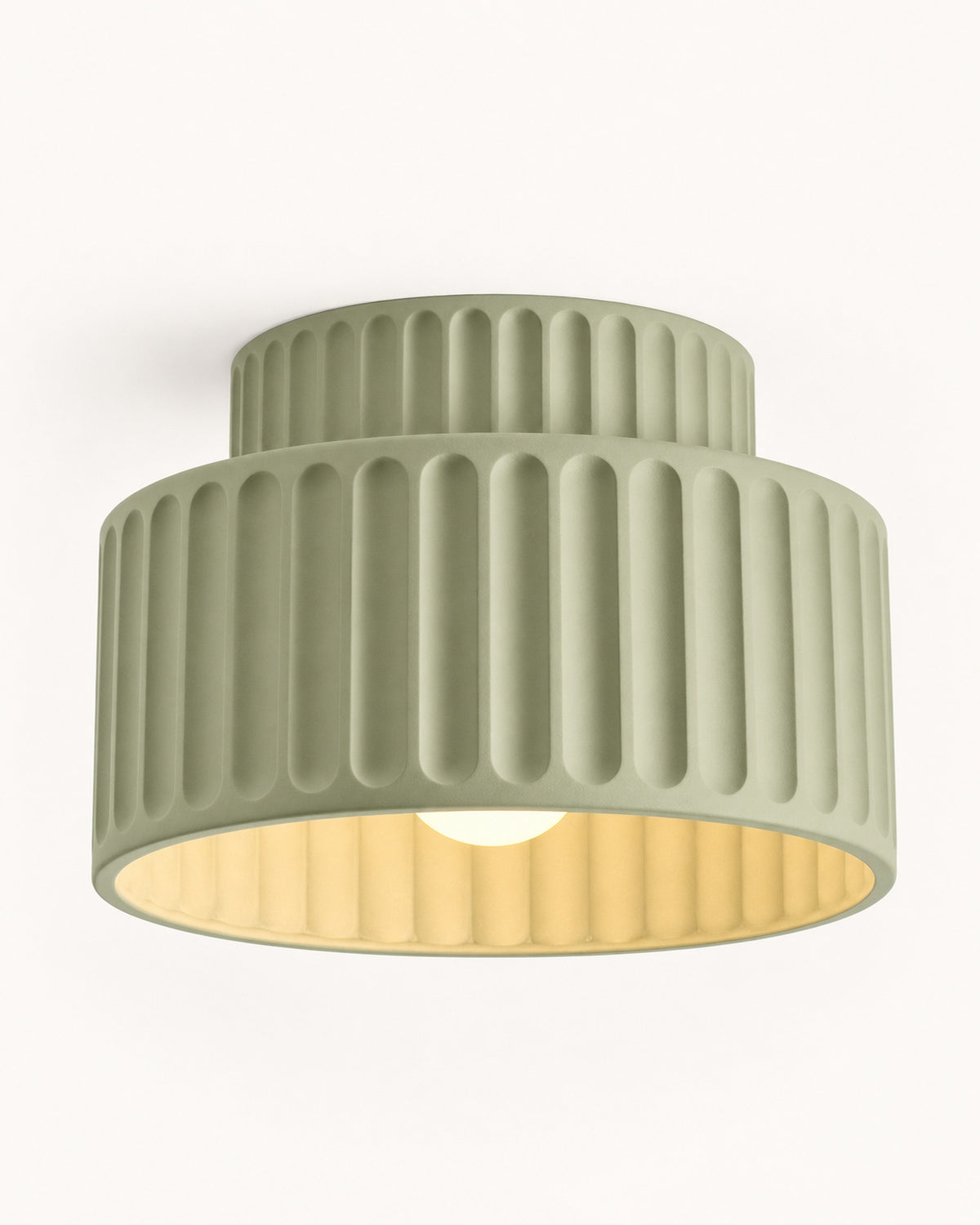 Green pleated bowl flush ceiling light: two-tier fluted resin shade with a warm E27 glow