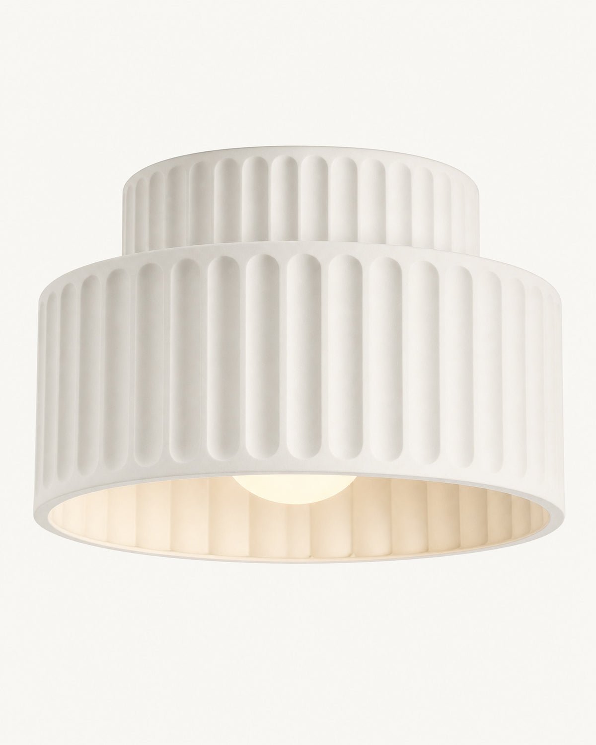White pleated bowl flush ceiling light: two-tier fluted resin shade with a warm E27 glow