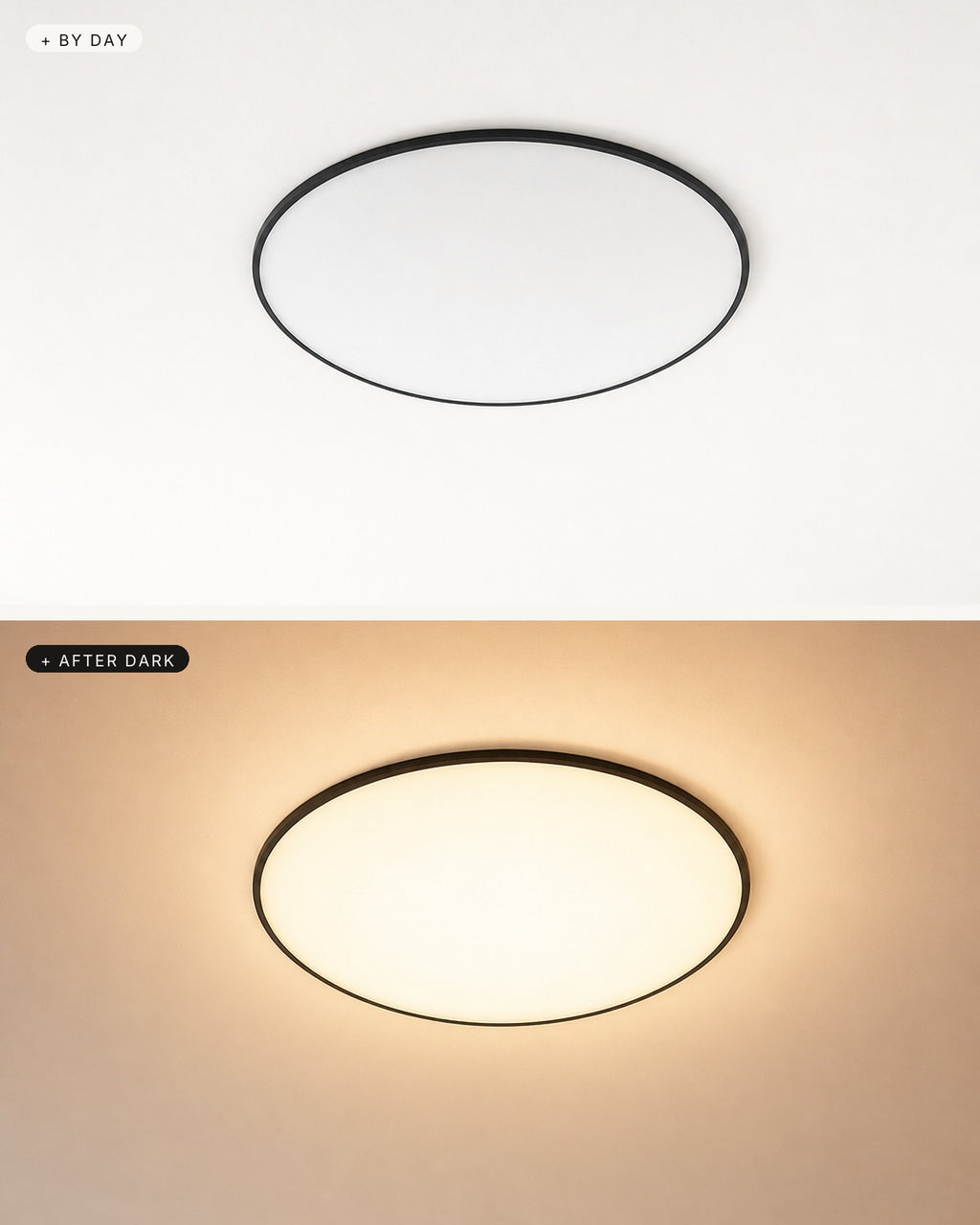 Quasso flush ceiling light by day switched off and after dark glowing warm