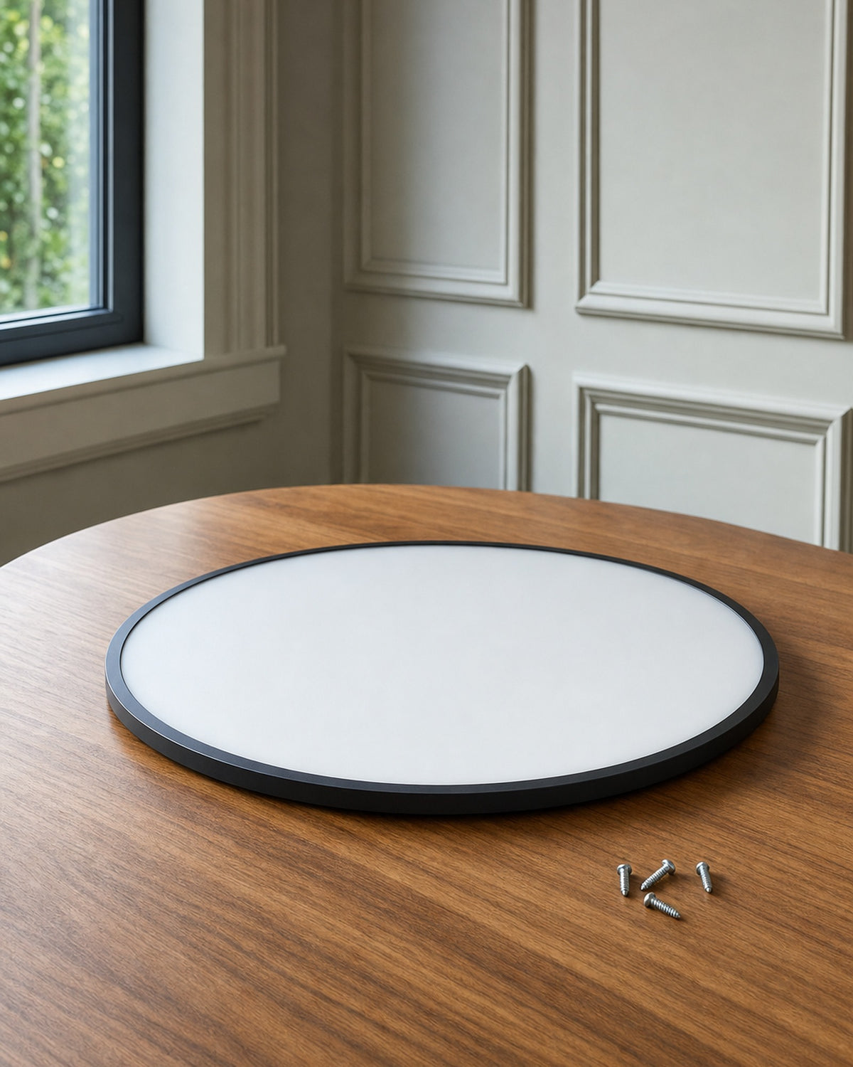 Built-in light. Sits close to the ceiling.