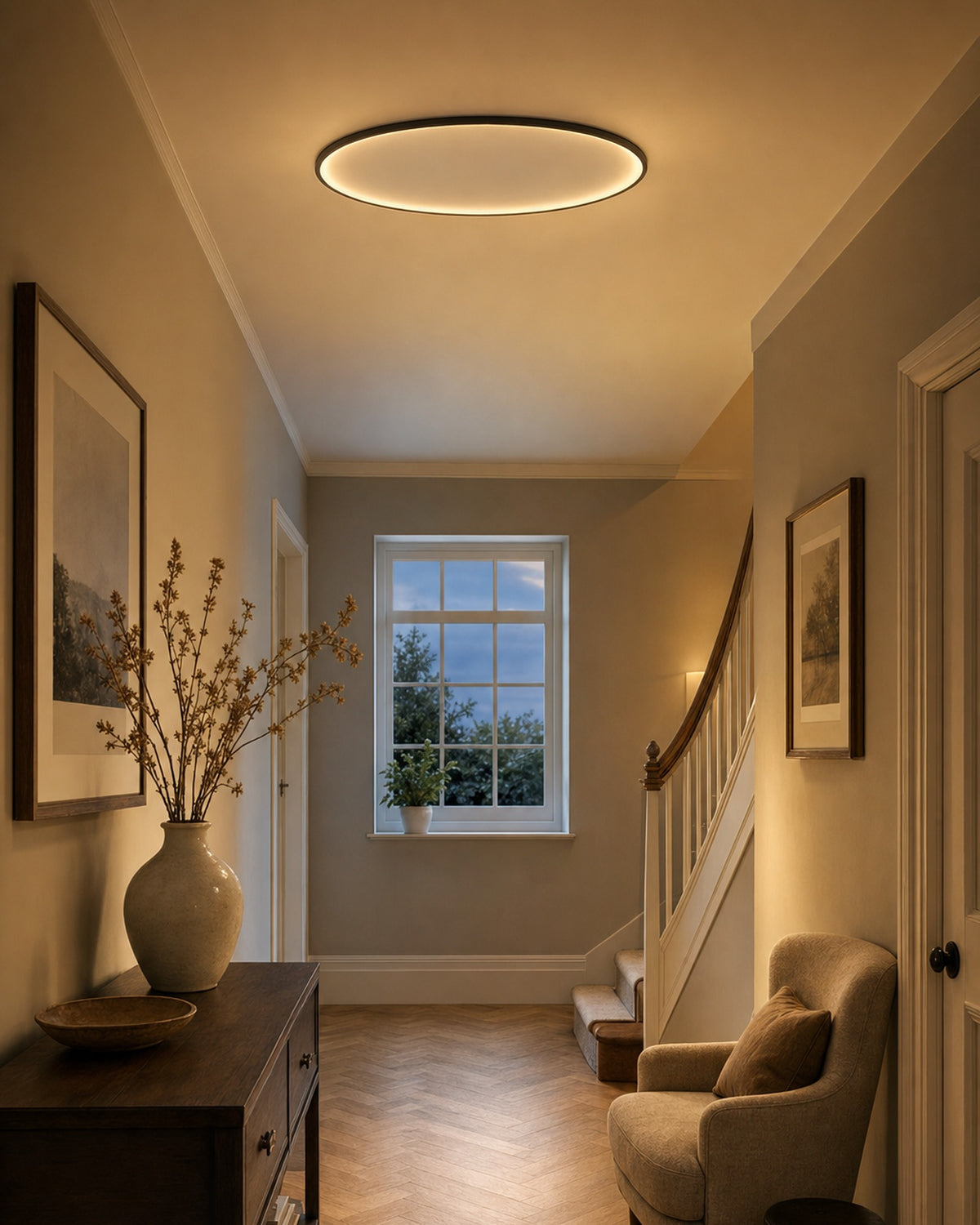 Quasso ceiling light glowing warm in a British hallway at dusk