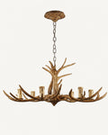 Rustic six-light antler chandelier, unlit: tan resin antler arms, cream candle sleeves, chain and carved ceiling rose
