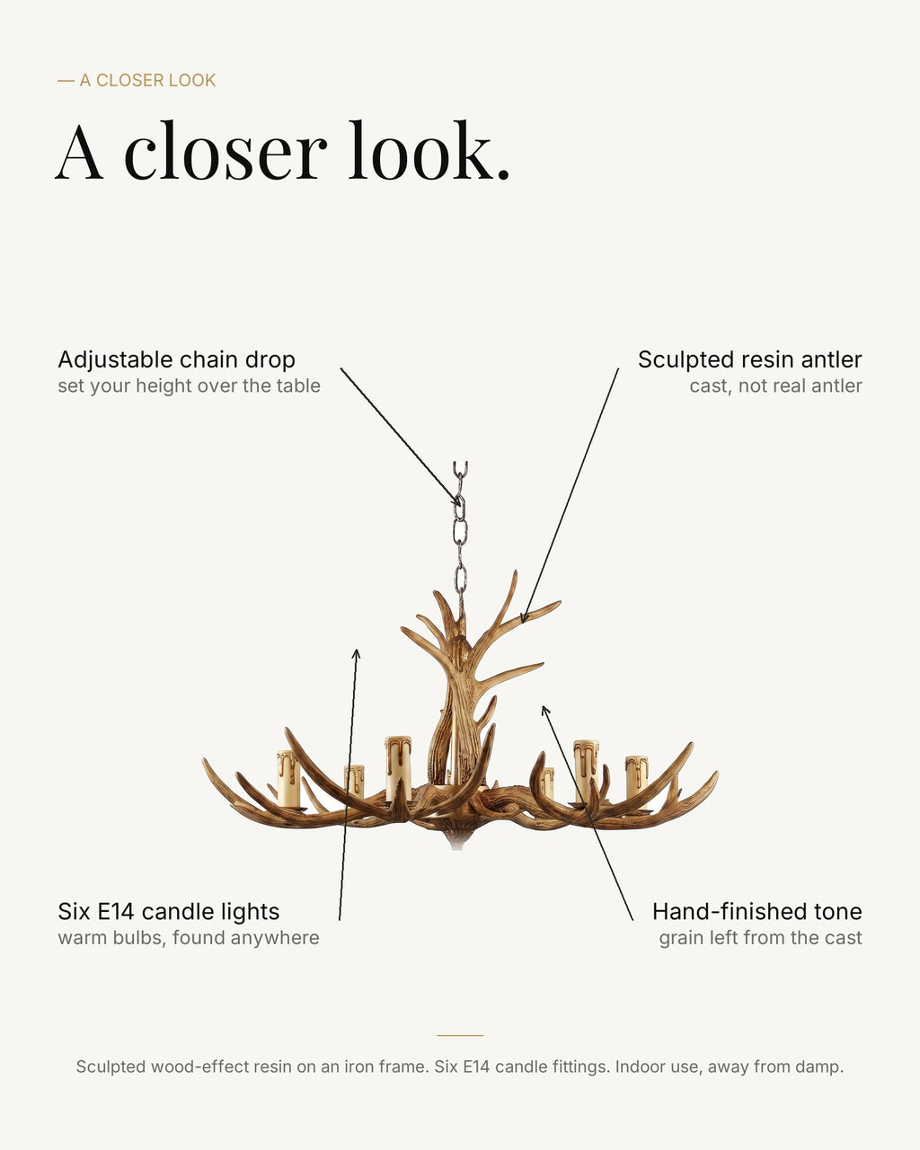 A closer look at the rustic antler chandelier: sculpted wood-effect resin antlers on an iron frame, six E14 candle lights, adjustable chain drop, hand-finished tone