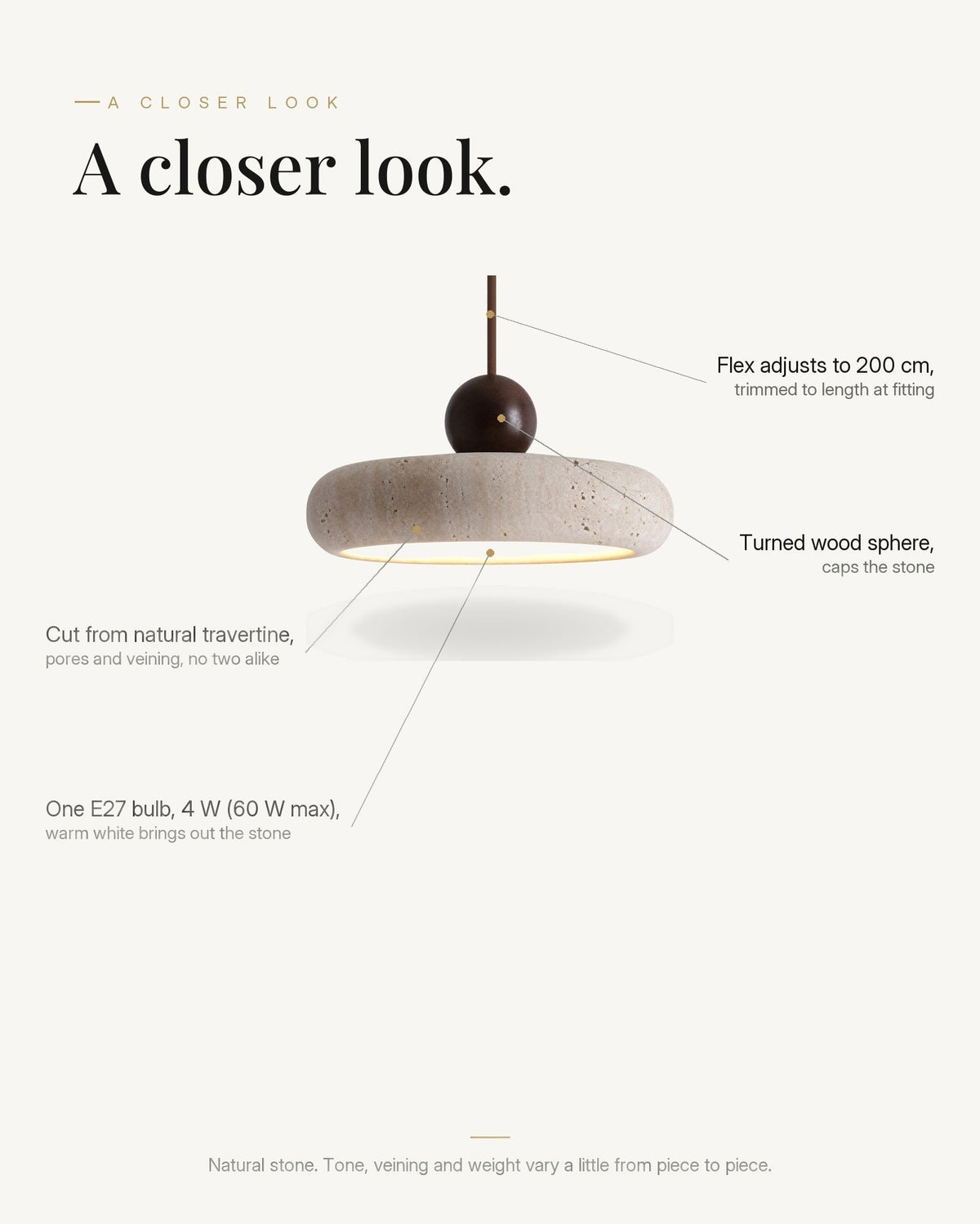 A closer look at the natural stone round pendant: travertine shade with pores and veining, turned wood sphere cap, one E27 bulb, flex adjusts to 200 cm