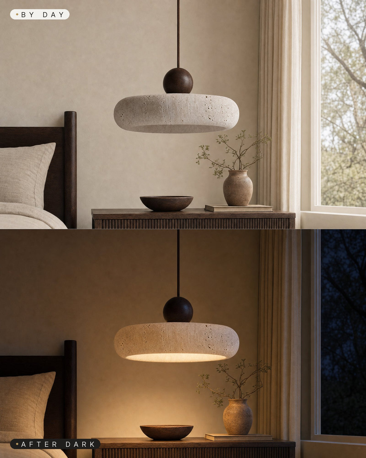 The natural stone round pendant by day switched off in a daylit bedroom, and after dark glowing warm over a bedside console in the evening