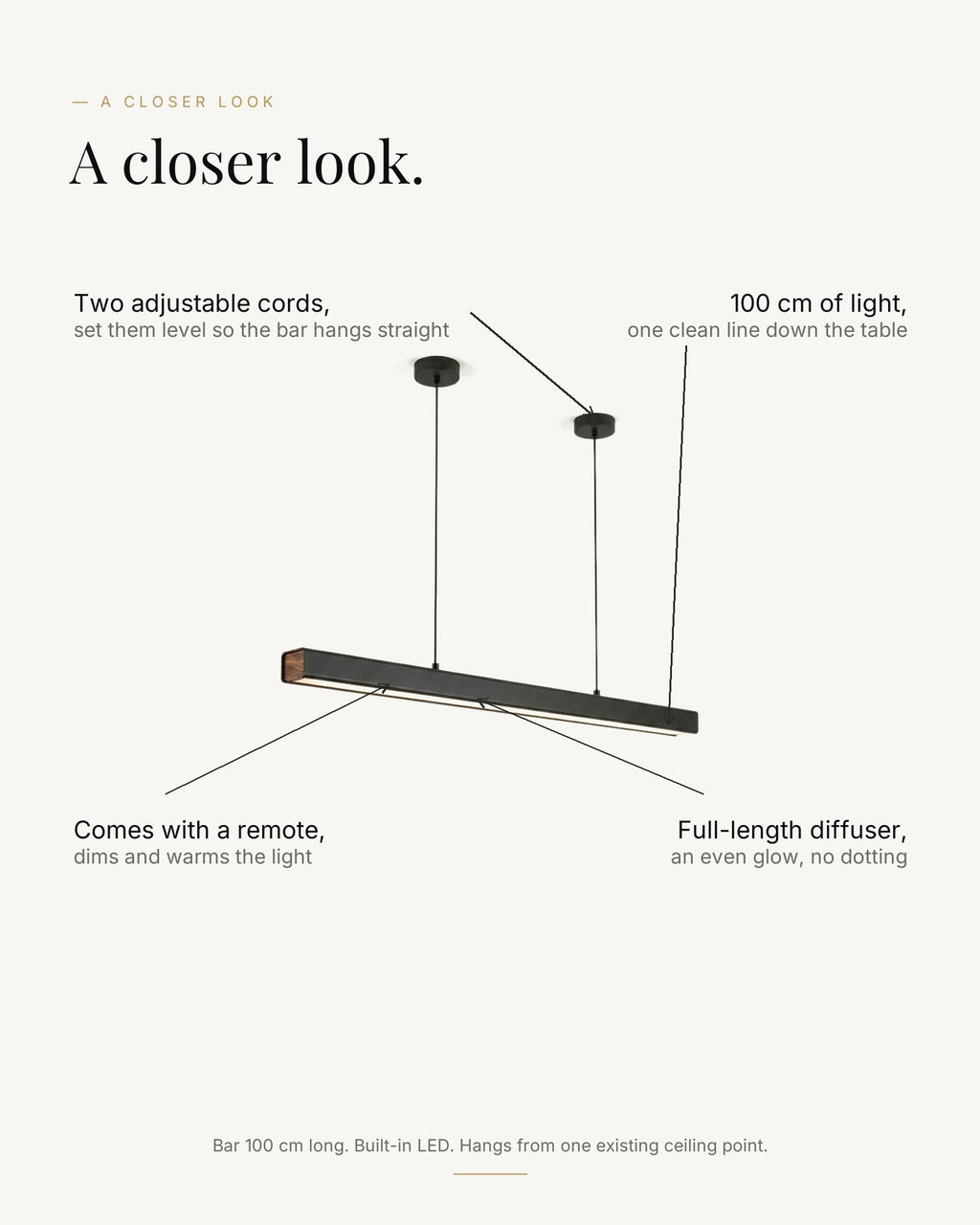A closer look at the Thala: 100 cm of light, full-length diffuser, comes with a remote, two adjustable cords set level