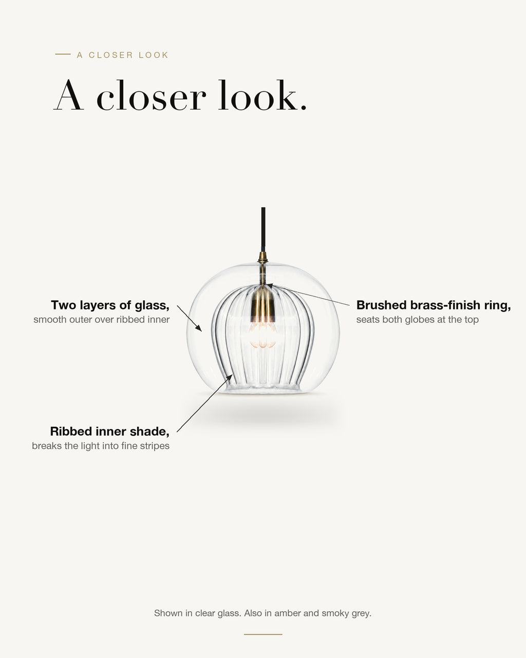 A closer look at the Zoey glass pendant in clear glass: a smooth outer globe over a ribbed inner shade, seated in a brushed brass-finish ring.